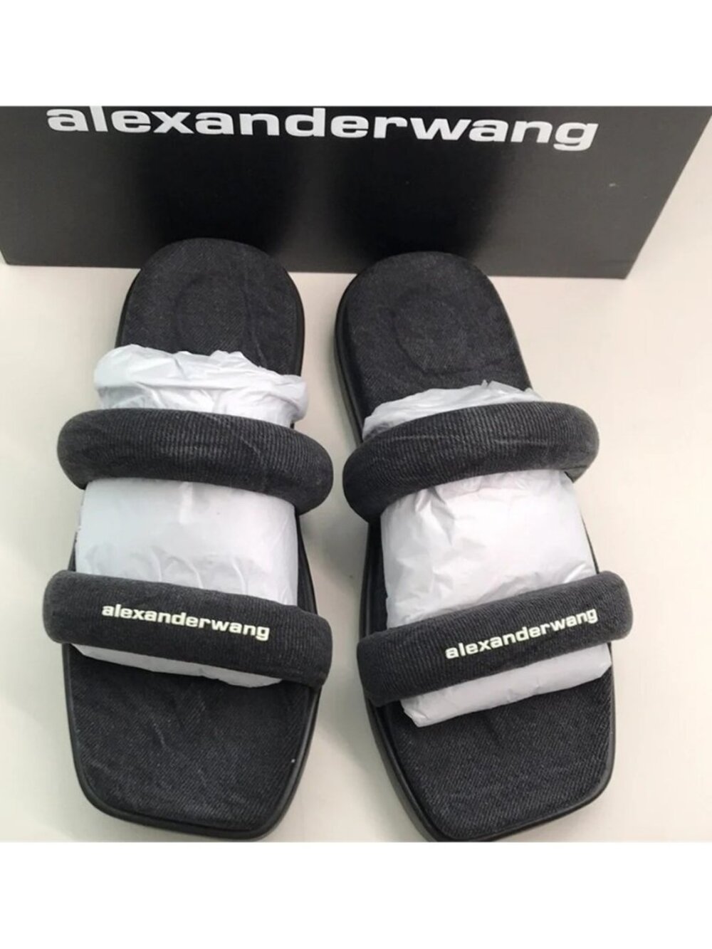 New Authentic Alexander Wang Women’s Jay Flatform Slides – Grey Denim